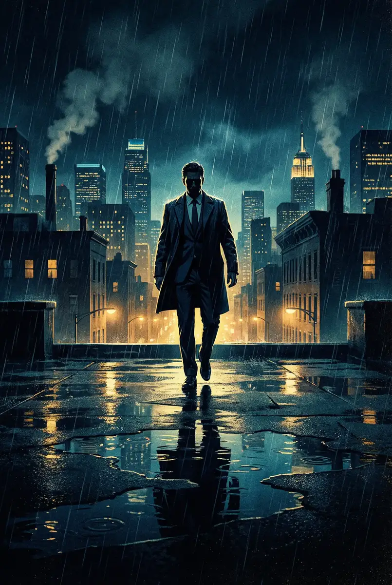 全球APP福引导网站无限观看 出品影片《雨夜独行者》海报，雨中城市屋顶男性剪影